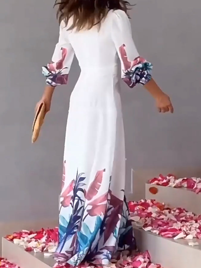 White Long Sleeves Printed V Neck Maxi Dress