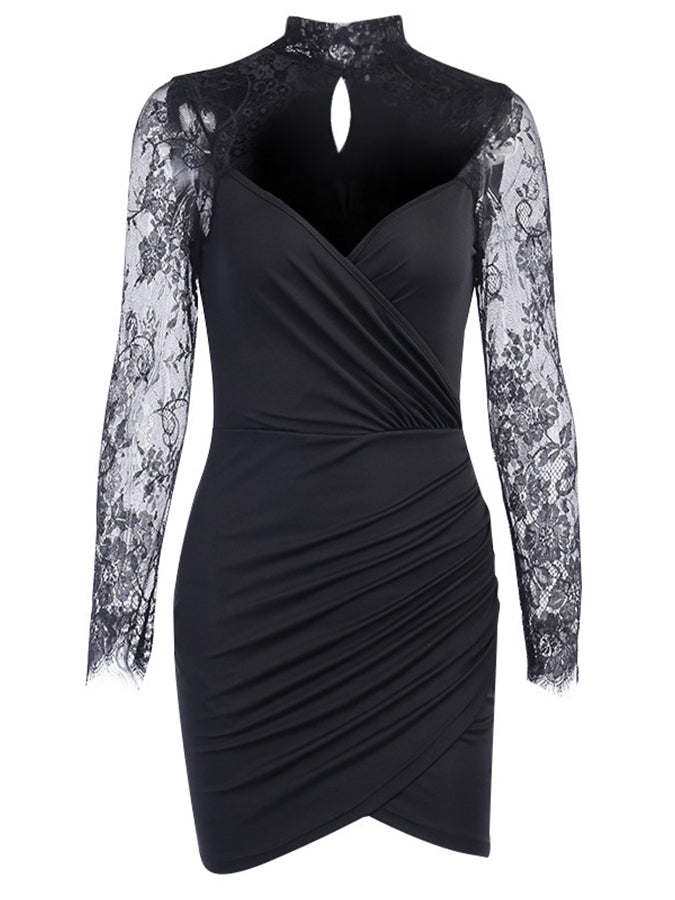 Lace Paneled Long Sleeves Mini Dress