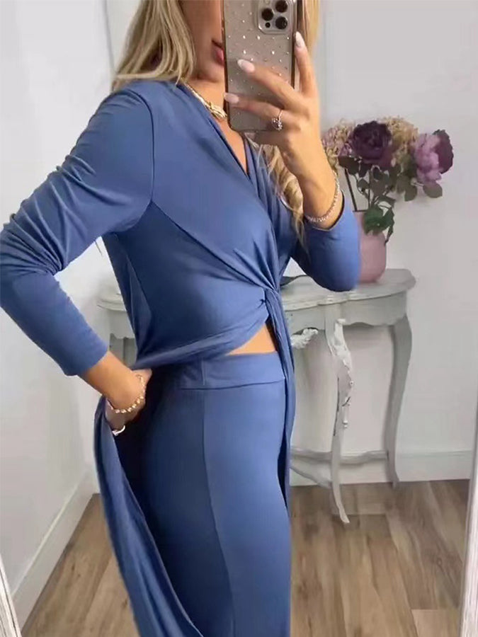 Long Sleeves Knot-bot Top and Pants Sets