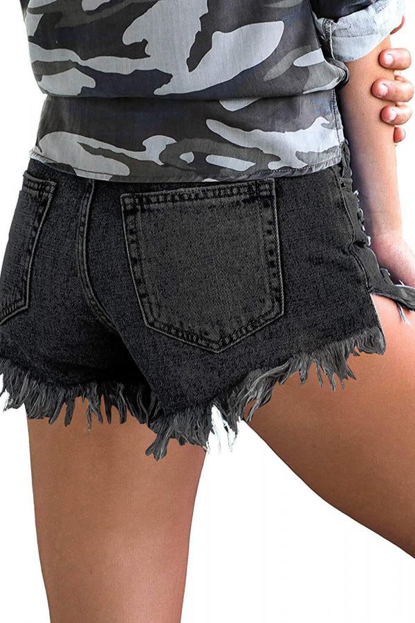 Denim Zipper Fly Sleeveless Mid Zippered Patchwork Split Straight Shorts