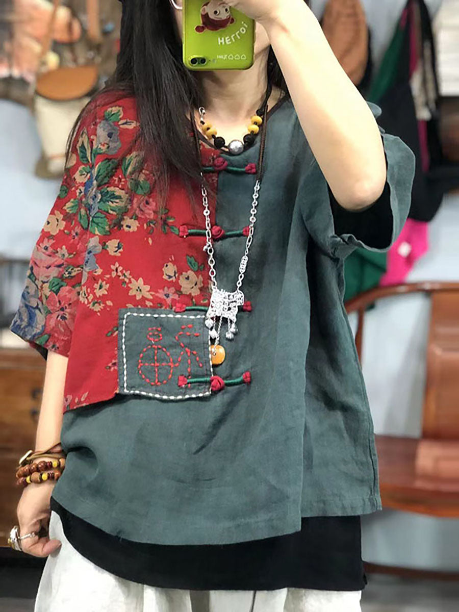 Embroidered Retro Ramie Cotton Stitching T-shirt As1029