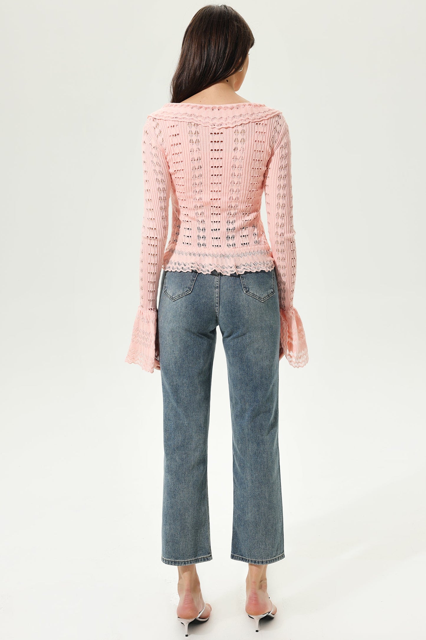 Long Sleeve V-neck Flared Sleeve Frill Hem Knit Cardigan Pink
