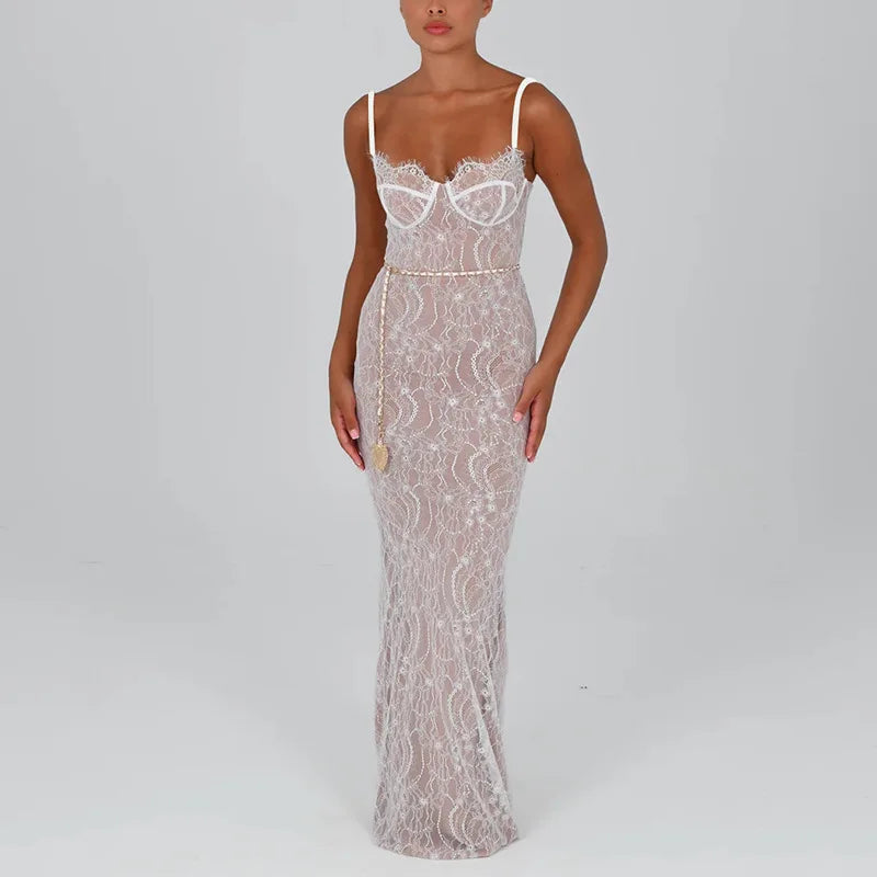 New Spring Lace Stitching Backless Slit Maxi Dress