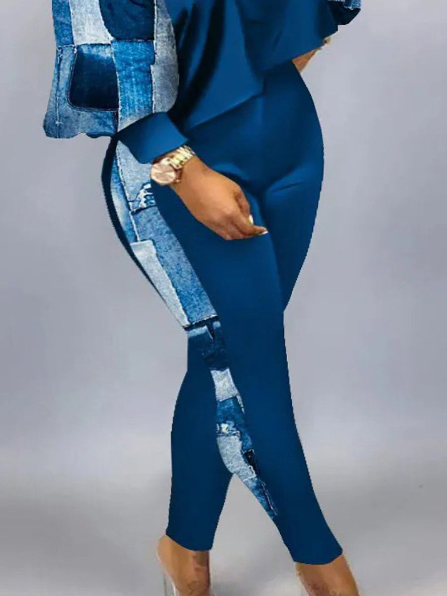 Imitation Denim Crop Top Skinny Pants Set Ac2053
