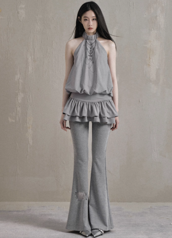 Ethereal Cascade Halter Dress and Shorts Set