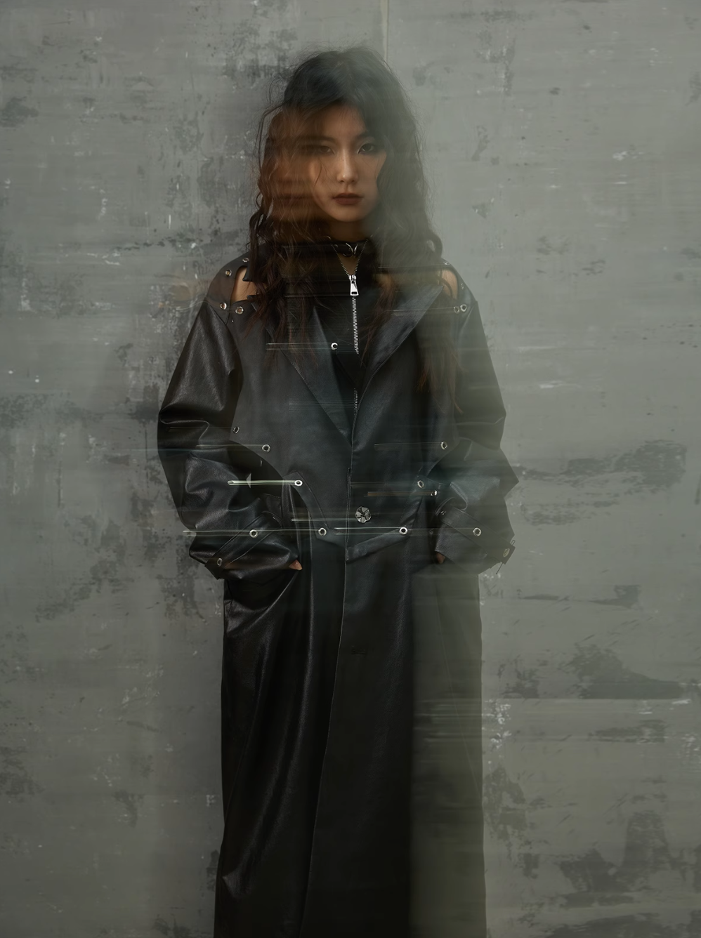 Frustration Garden Gothic Punk Maxi Coat - Black Faux Leather Trench With Oversized Collar and Asymmetrical Zip