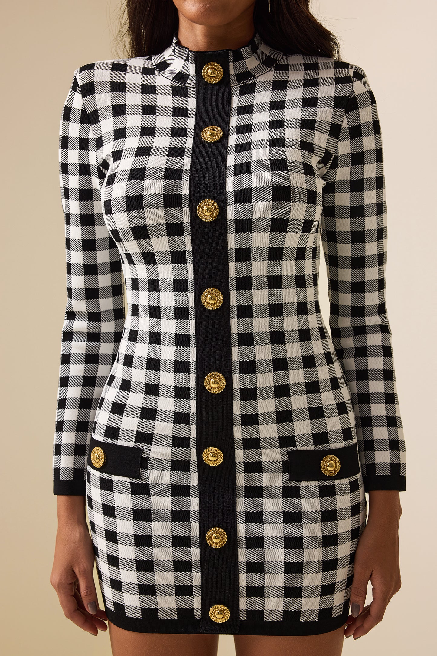 Knit Checks Metal Button Mini Dress