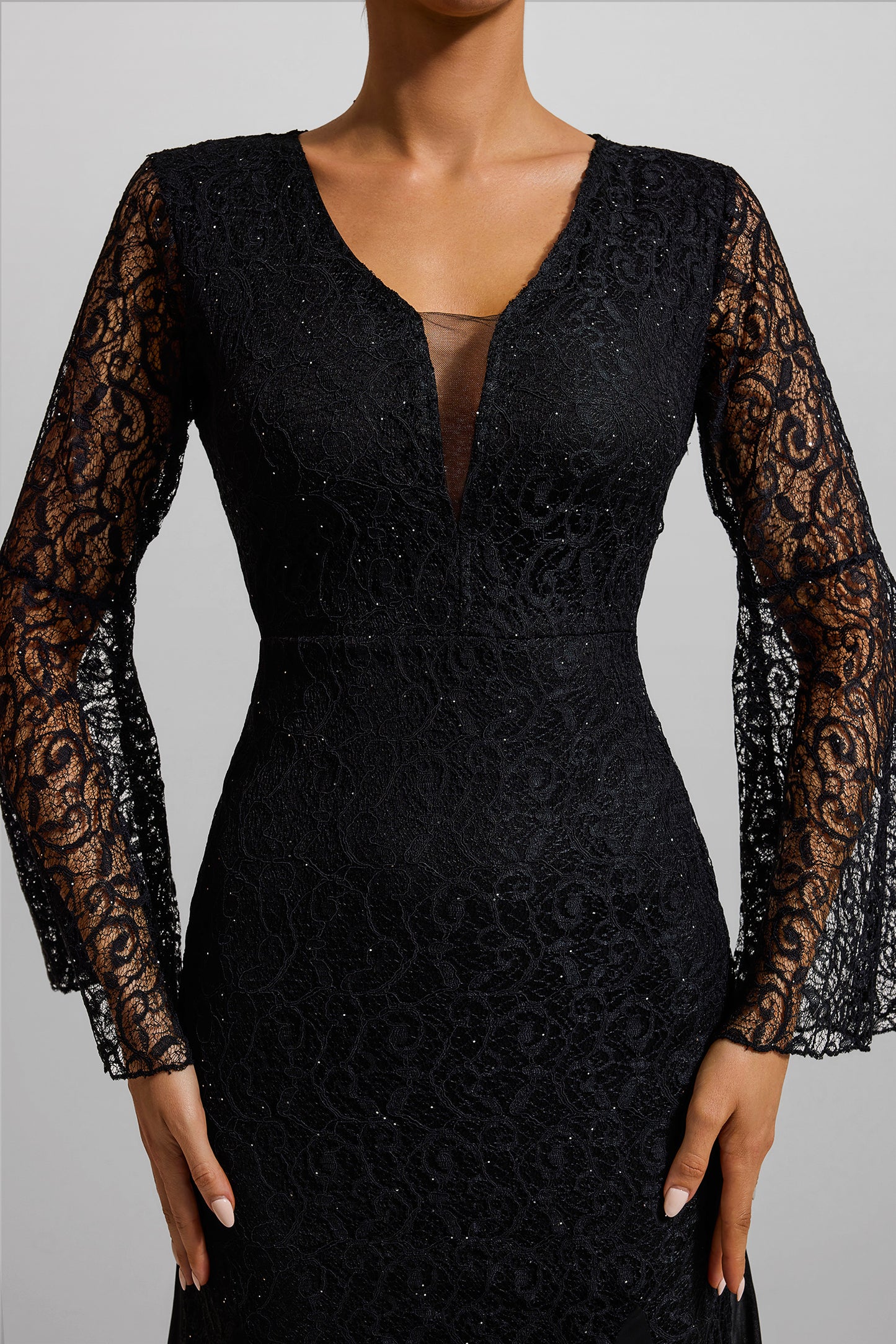 Lace V-neck Ball Sleeve Midi Dress
