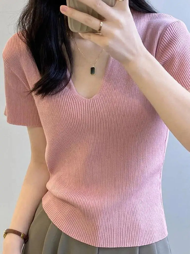 Basic V-neck Summer Knitted Ribbed Slim Short Sweater