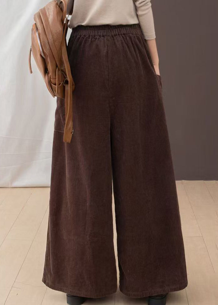 New Brown Pockets Corduroy Warm Fleece Wide Leg Pants Winter Ru007