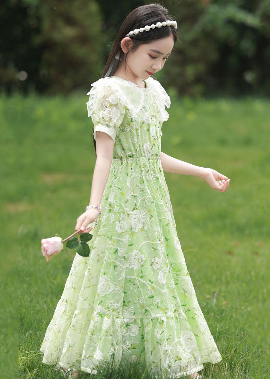 New Green Peter Pan Collar Print Tie Waist Chiffon Maxi Dress Short Sleeve Xz006