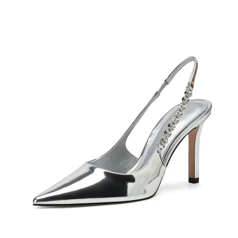 New Slingbacks Pointed Highs Silver Leather Dress Shoes Low Heel Pumps