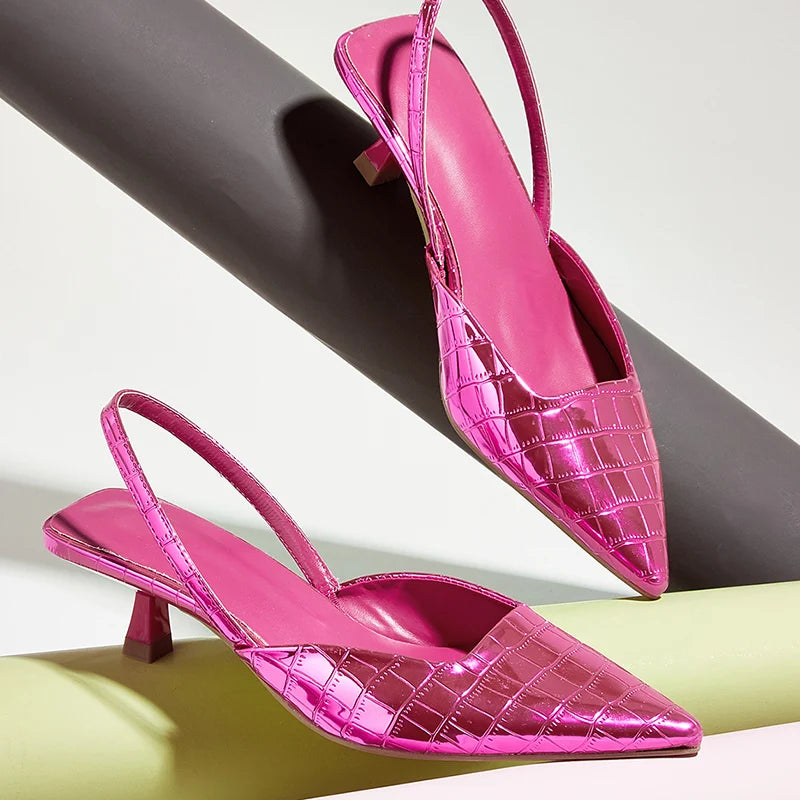 Summer New Back Strap Stone Pattern Purple Pointed Toe Slingback Shoes Brand Wedding High Mules Low Heel Pumps