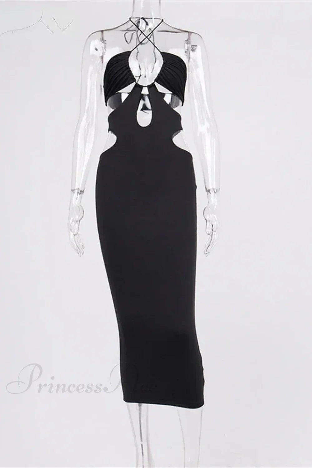 Cut Out Party Evening Black Summer Hollow Out Halter Wrap Long Backless Midi Dress
