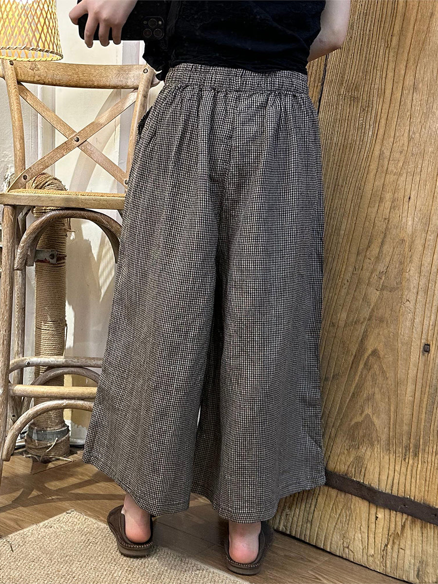 Spring Plaid Wide-leg Cotton Linen Pants Pa1024