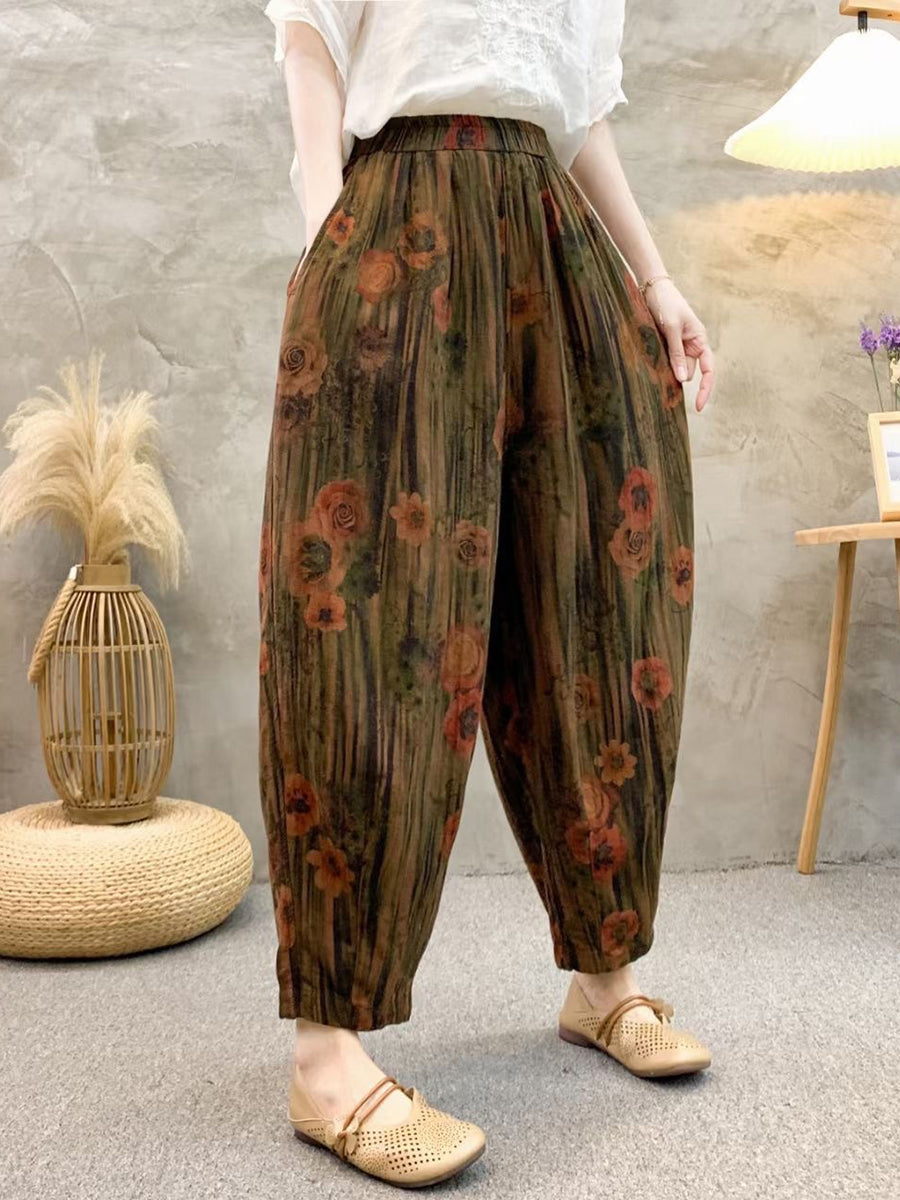 Retro Summer Flower Linen Harem Pants Qw1011