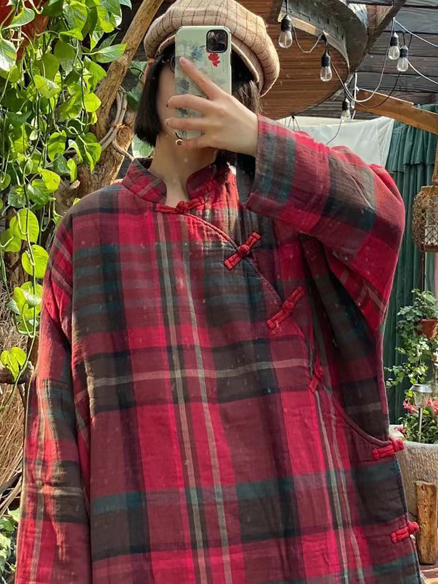 Plaid Winter Button Cotton Robe Coat As1044