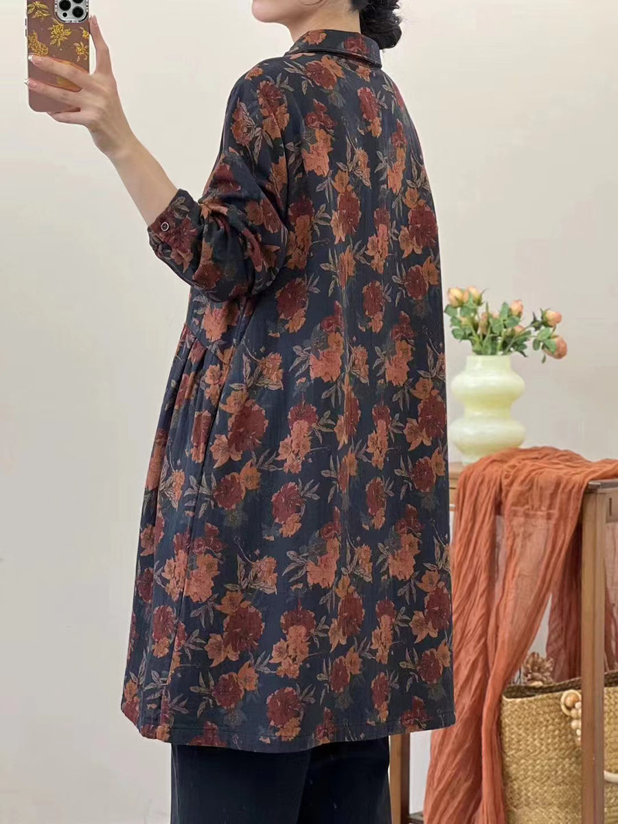 Autumn Flower Loose Cotton Shirt Coat At1051
