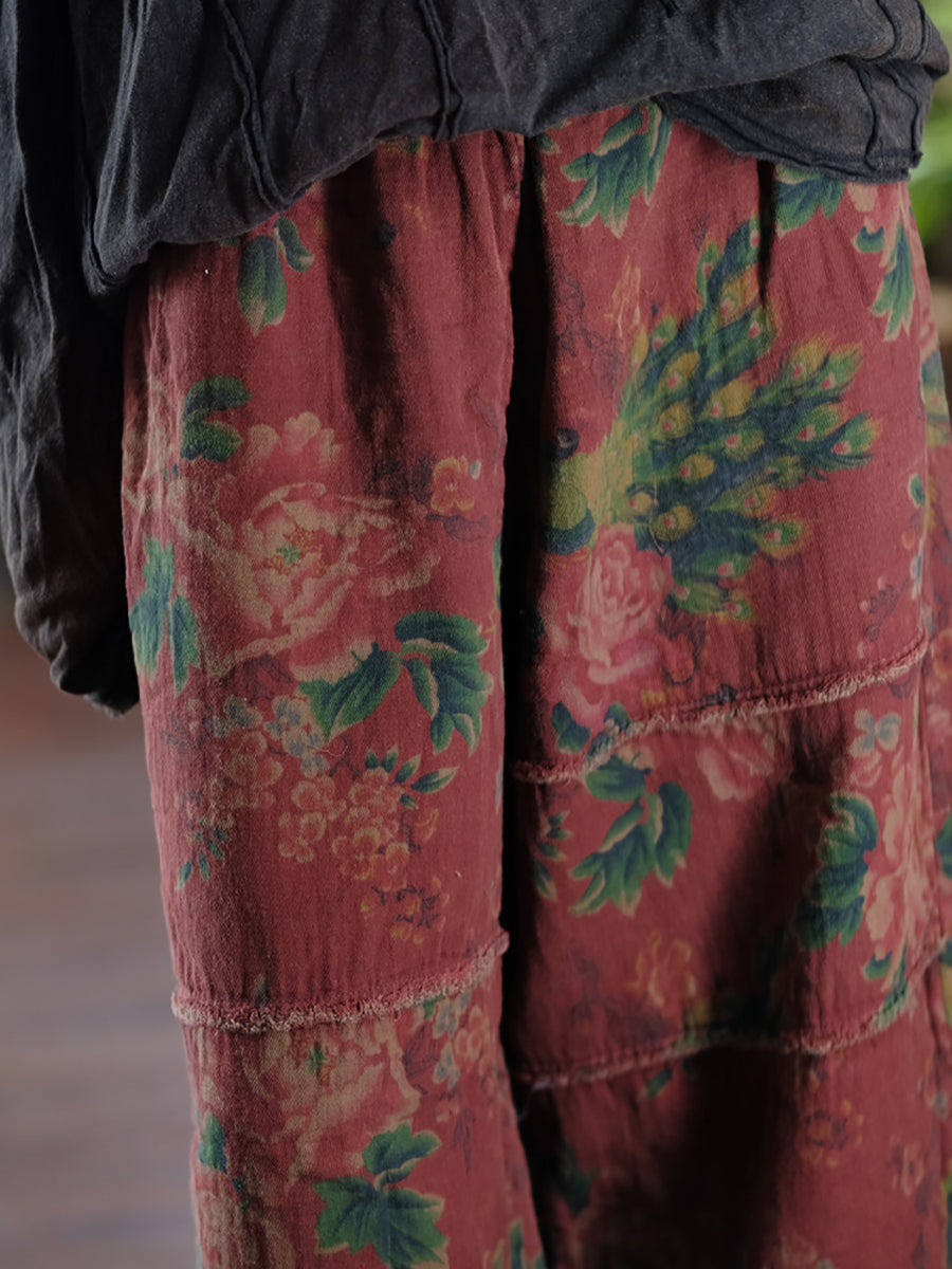 Autumn Retro Flower Spliced Cotton Wide-leg Pants At1024