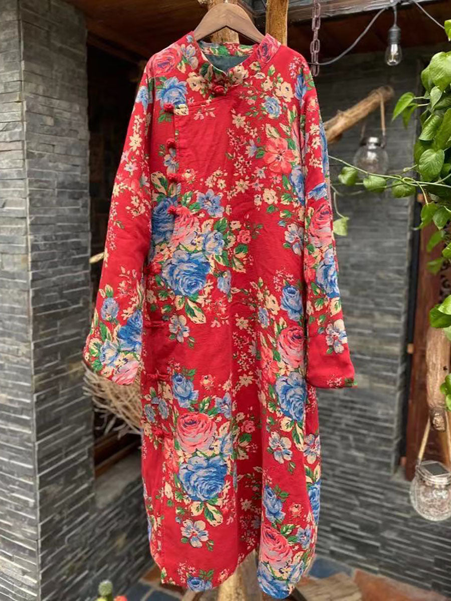 Red Flower Slant Closure Cotton Padded Coat Ai1015