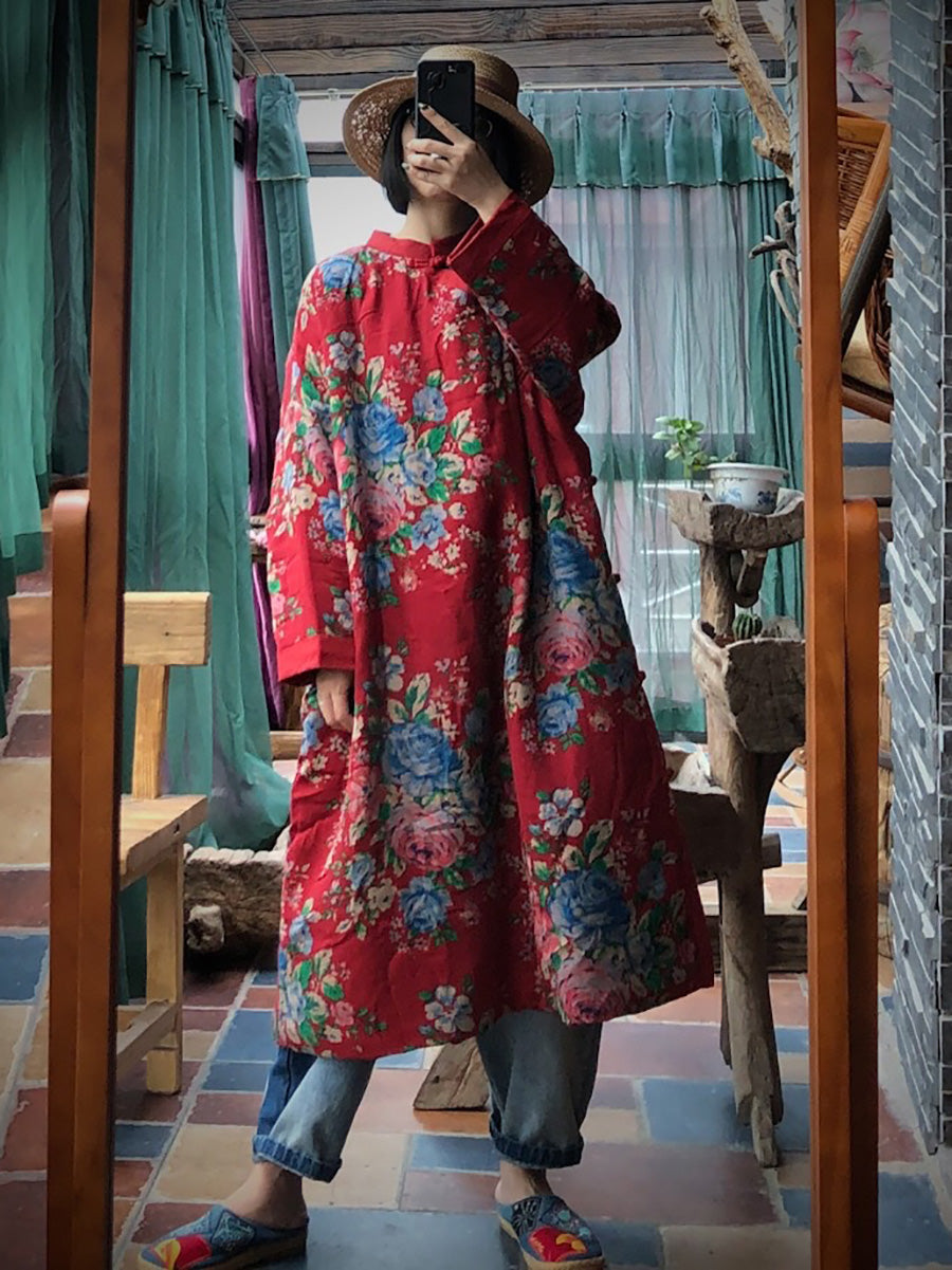 Red Flower Slant Closure Cotton Padded Coat Ai1014