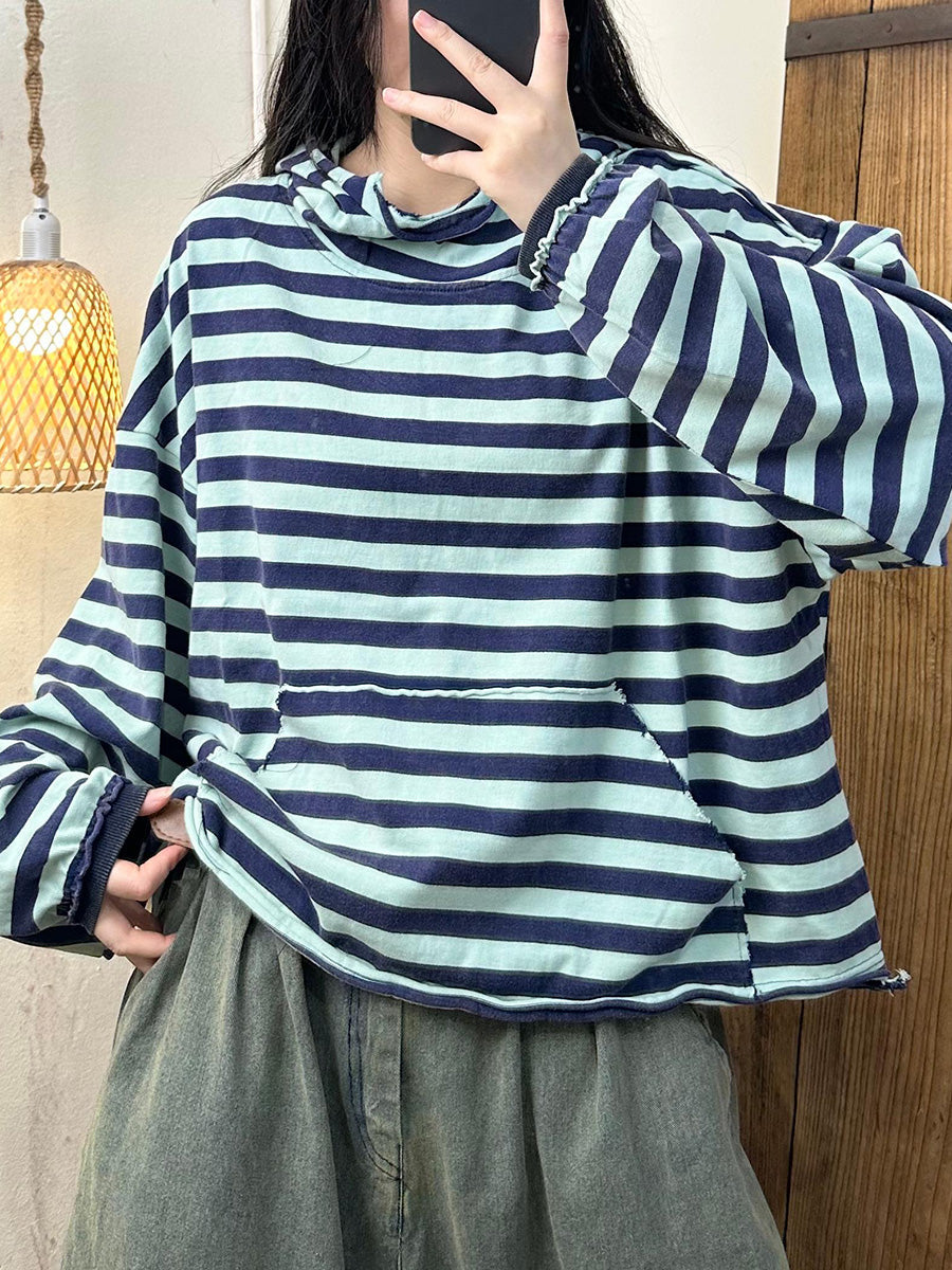 Autumn Stripe Cotton Half Turtleneck Sweatshirt Ai1065