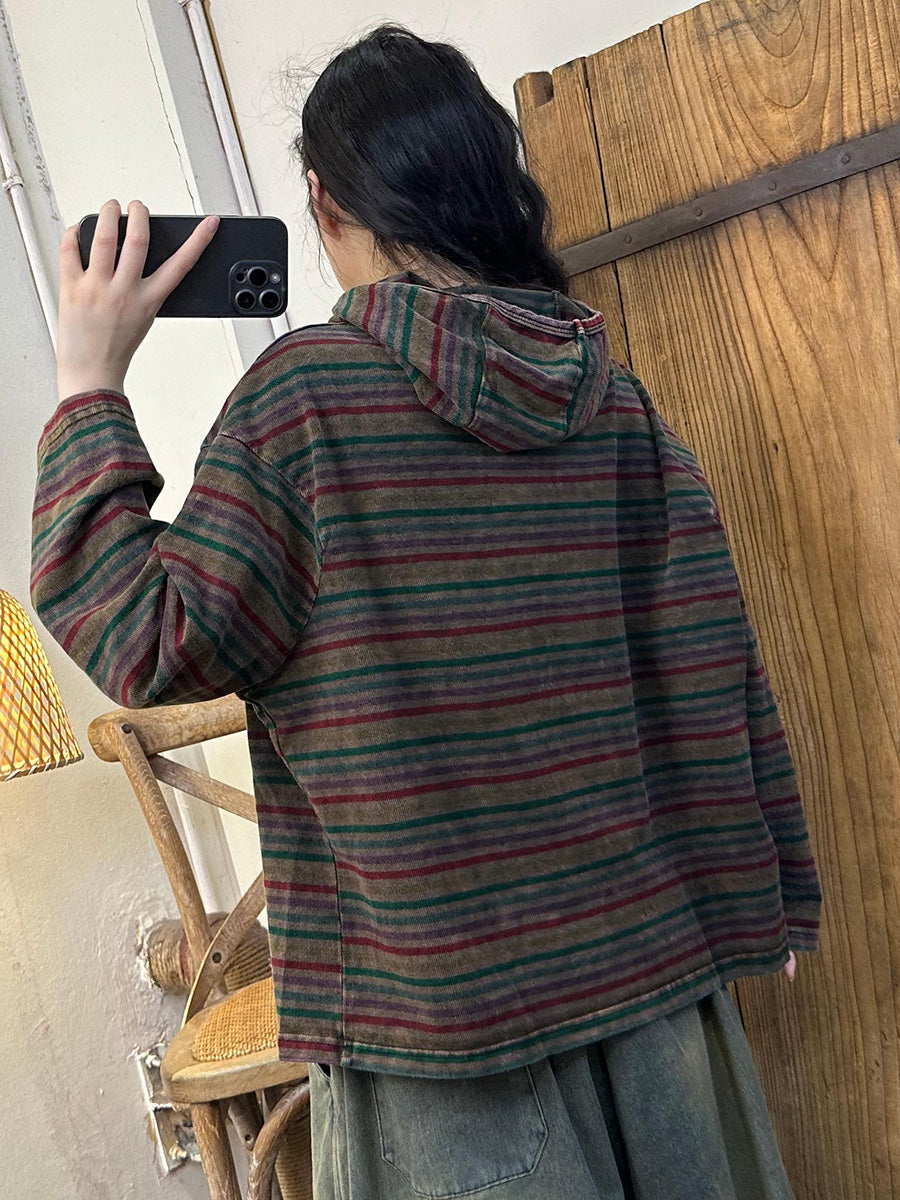 Autumn Stripe Colorblock Hooded Cotton Sweatshirt Ai1046
