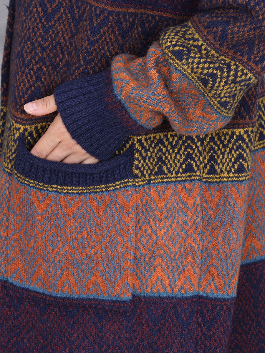Winter Colorblock Wool Knitted Cardigan Coat Ai1034
