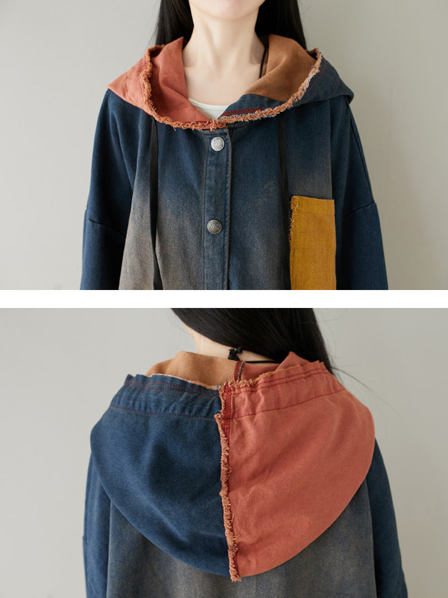 Autumn Artsy Colorblock Denim Hooded Coat Ah1031