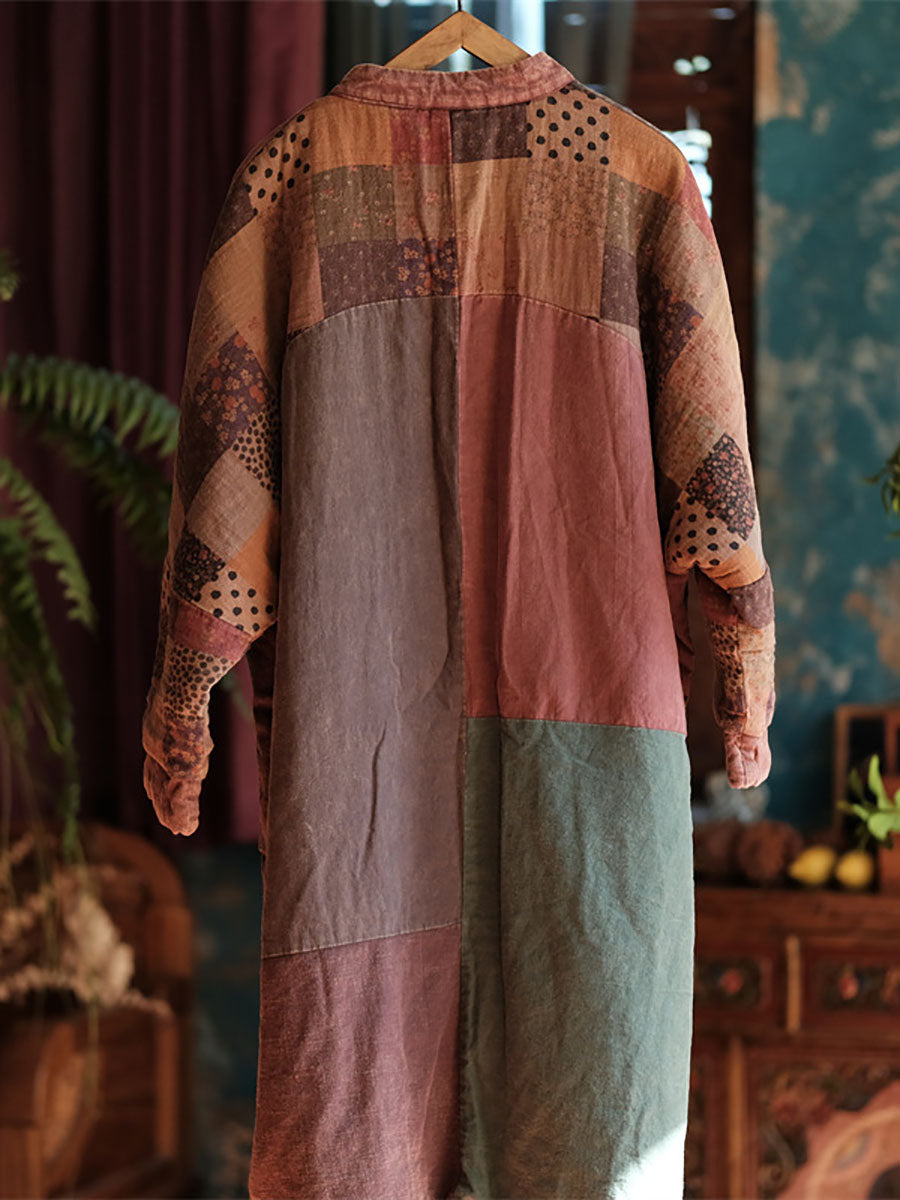 Autumn Patch Spliced Long Cotton Robe Coat Ax1026