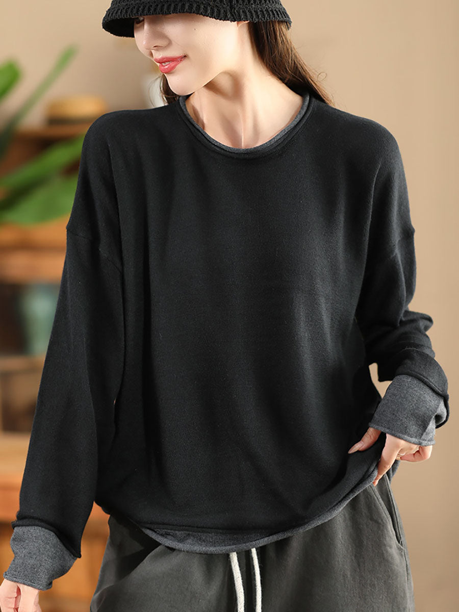 Autumn Colorblock O-neck Blouse Ax1034