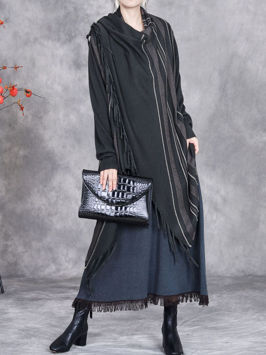 Autumn Artsy Stripe Knitted Tassel Cardigan Coat Wg032