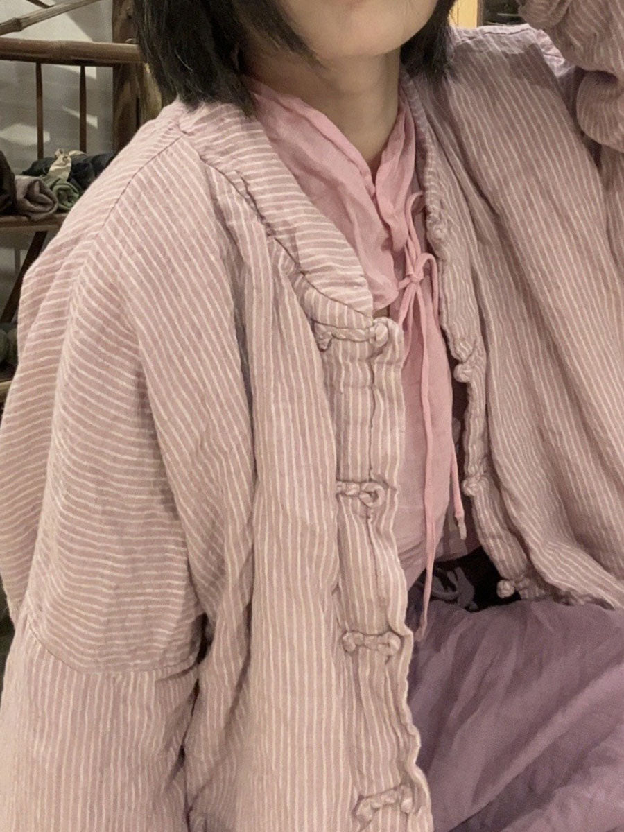 Autumn Stripe Cotton Stand Collar Coat Av1062