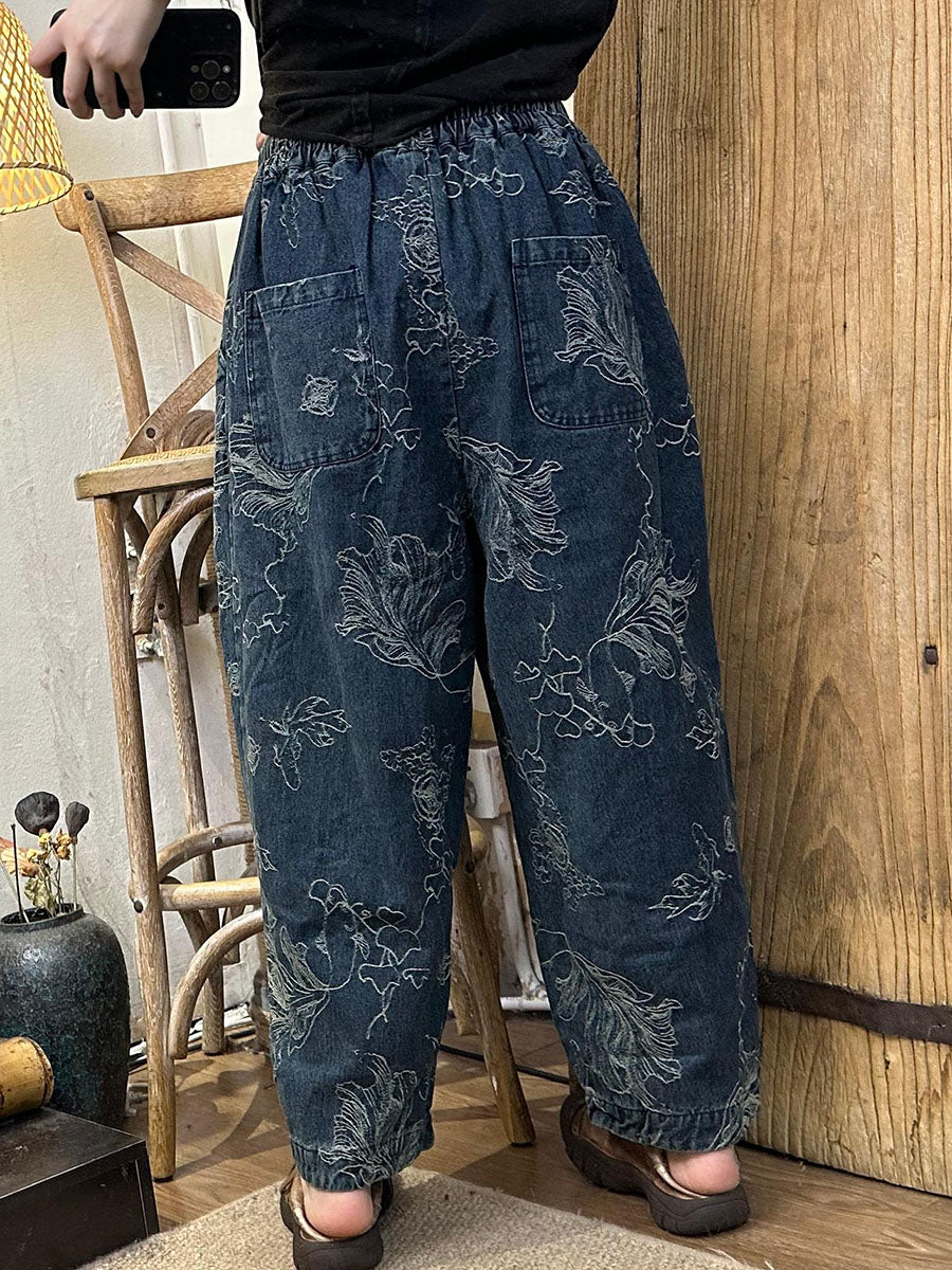 Autumn Retro Flower Cotton Straight Pants Ba1006