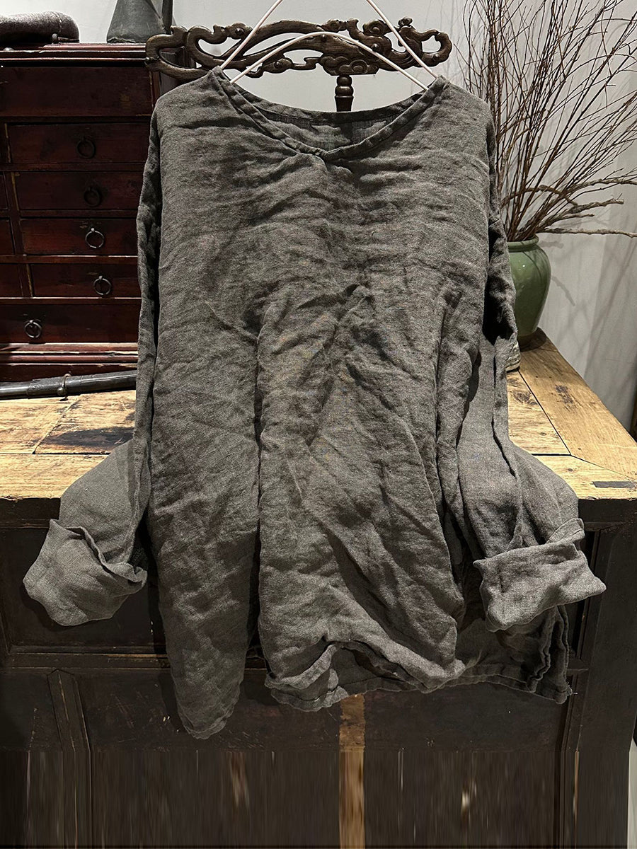 Autumn V-neck Linen Blouse Wg011