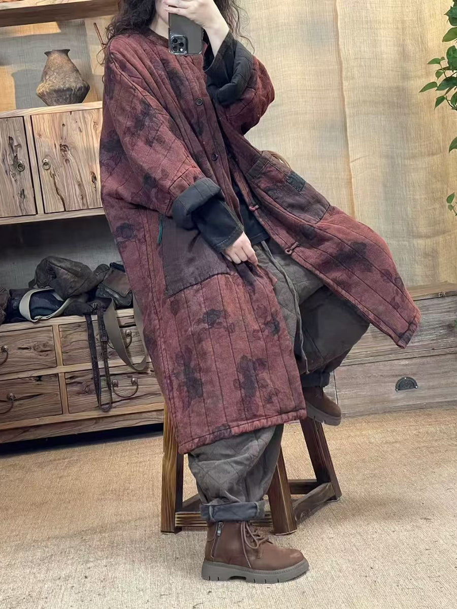 Autumn Flower Retro Patch Spliced Linen Long Coat Wu027