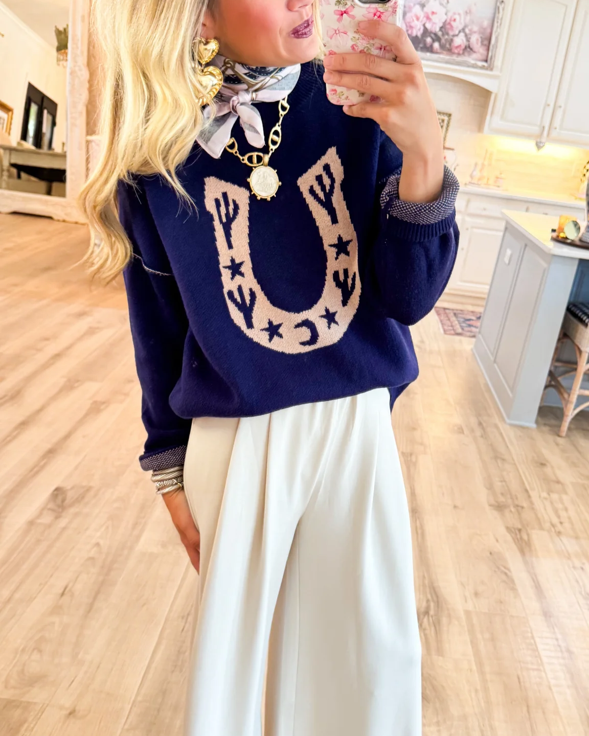 Navy Western Horseshoe Cactus Knit Sweater
