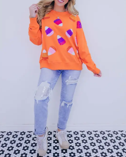 Candy Corn Sequin Embellished Sweatshirt-orange