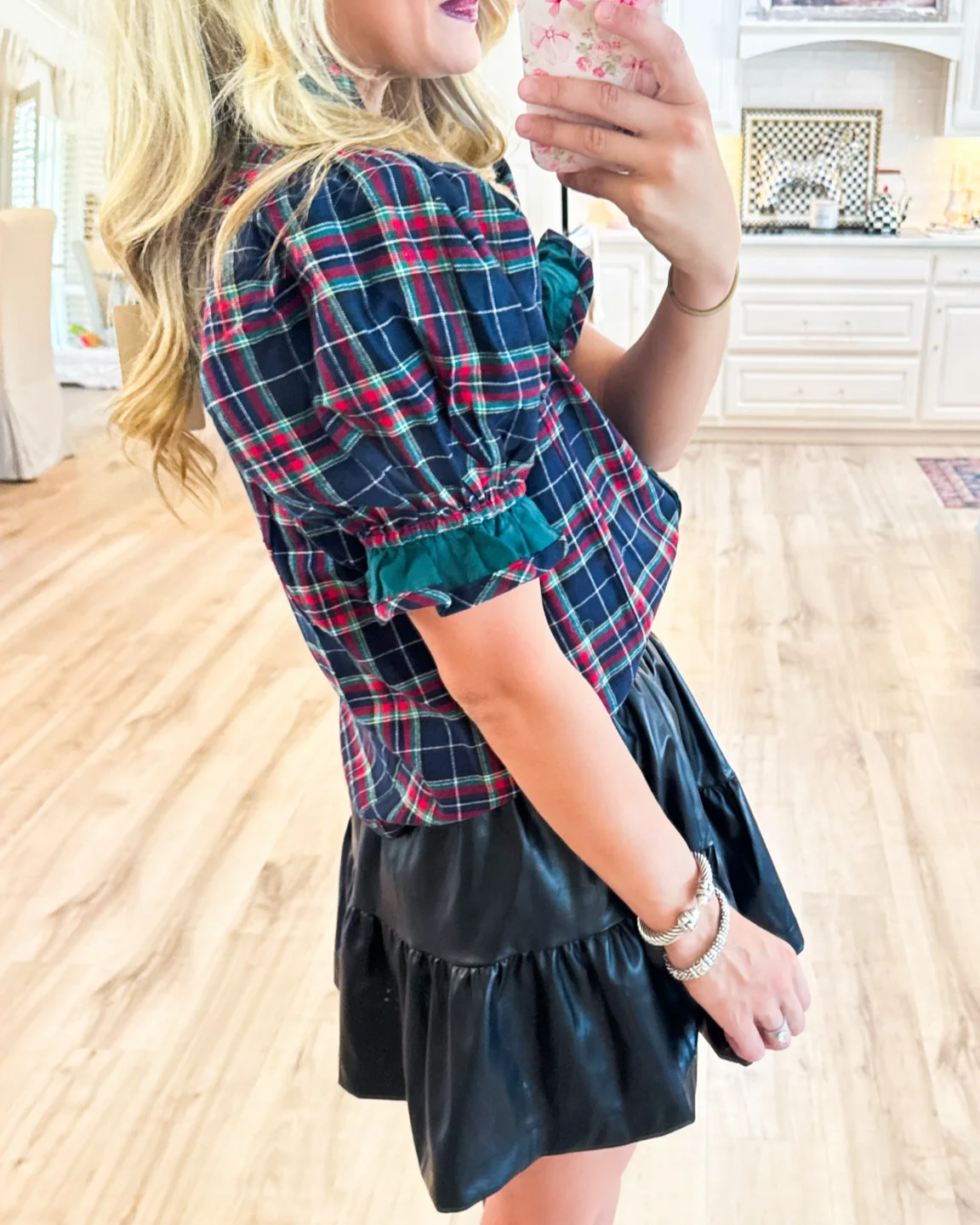 Plaid Puff Sleeve Ruffle Trim Blouse