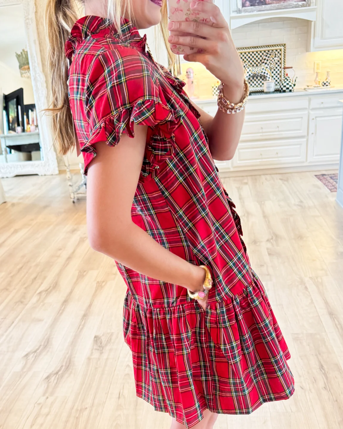 Red Plaid Frilled Neck Mini Dress