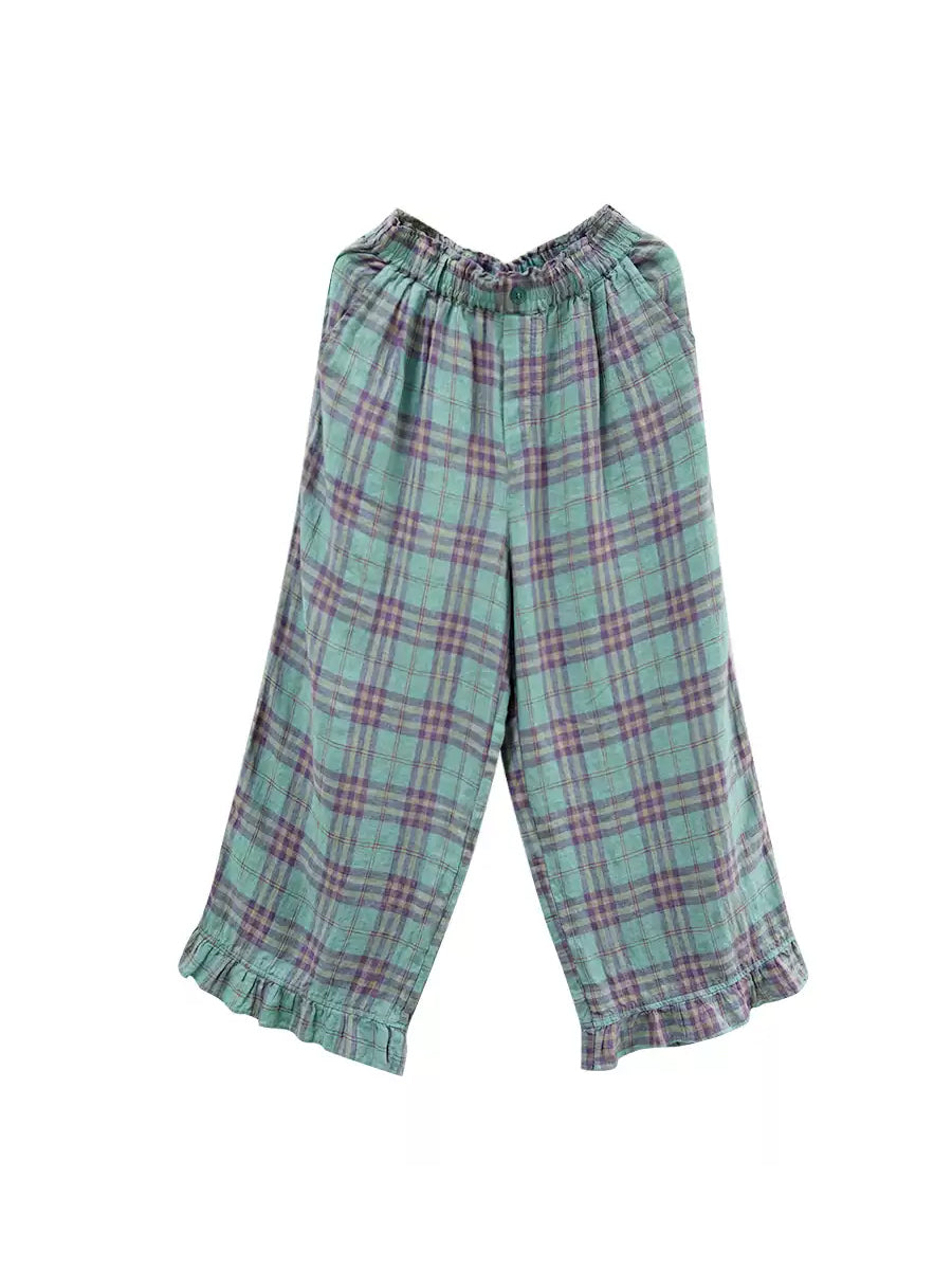 Artsy Pants Straight Summer Plaid 100%linen