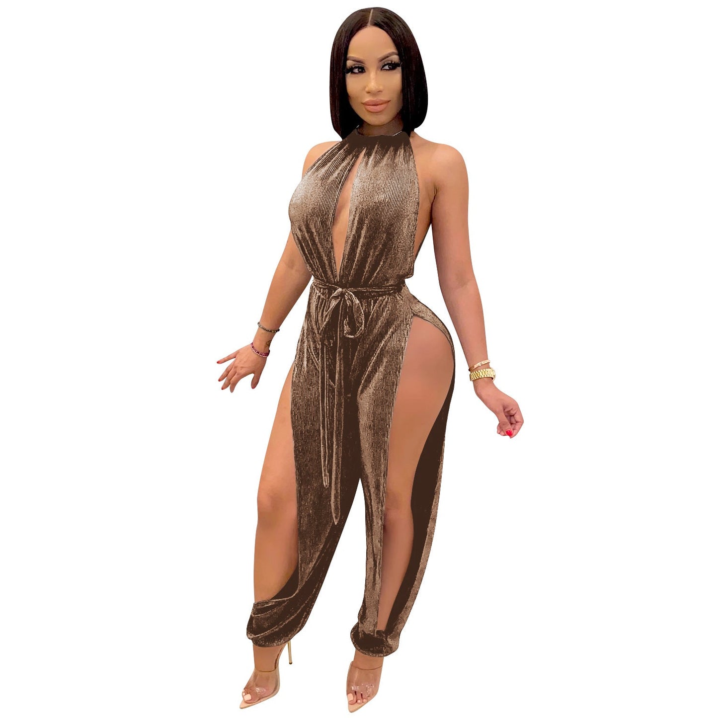 Lace Up Stretch Split Jumpsuit