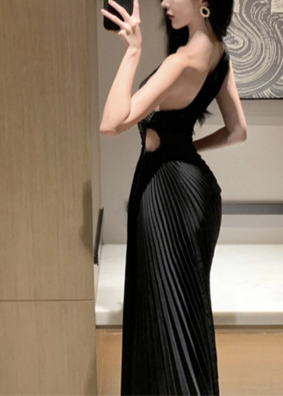 French Black Cold Shoulder Hollow Out Maxi Dress Summer Aj1030
