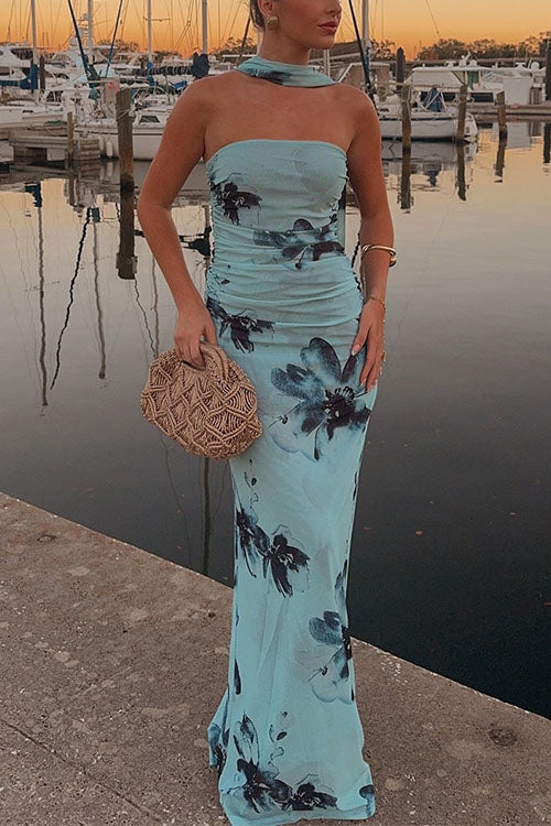 Strapless Tube Print Bodycon Maxi Dress