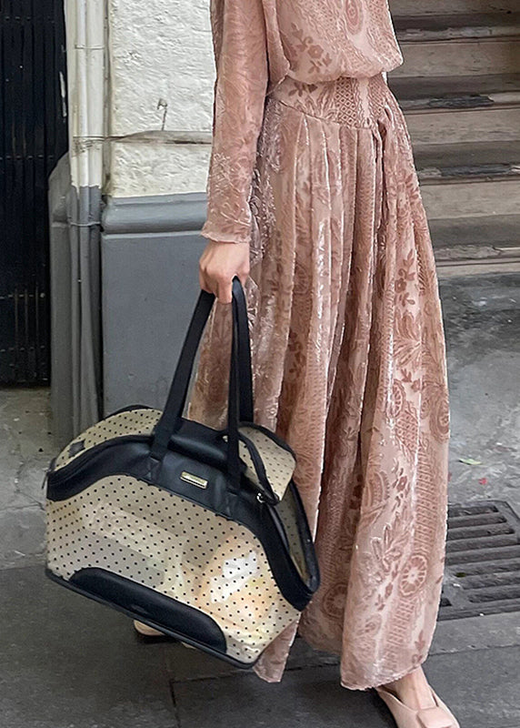 French Turtleneck Print Flattering Silk Velvet Long Dresses Fall Wd033