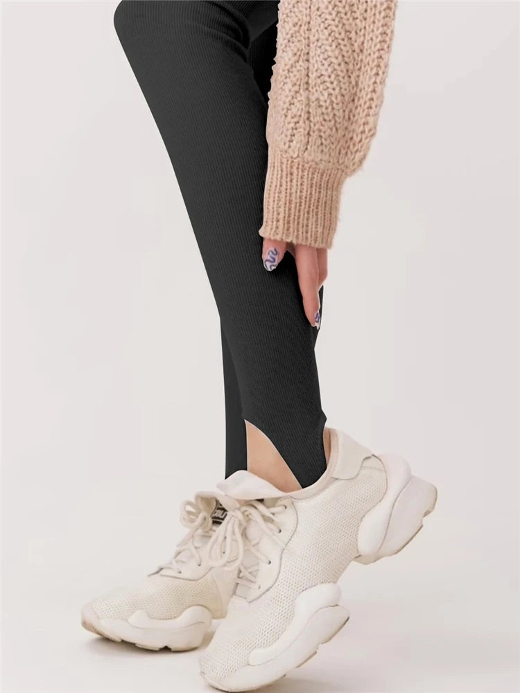 Black Ribbed Knit Leggings High Waist Cotton Fitness Basic Pants Spring New All-match Female Skinny Leggings