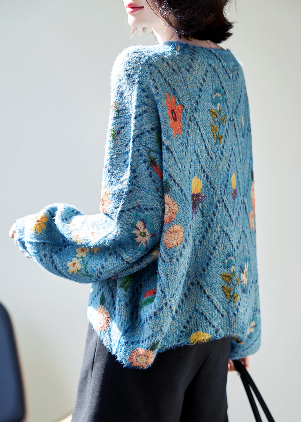 Blue O-neck Hollow Out Knit Sweaters Fall Qc032