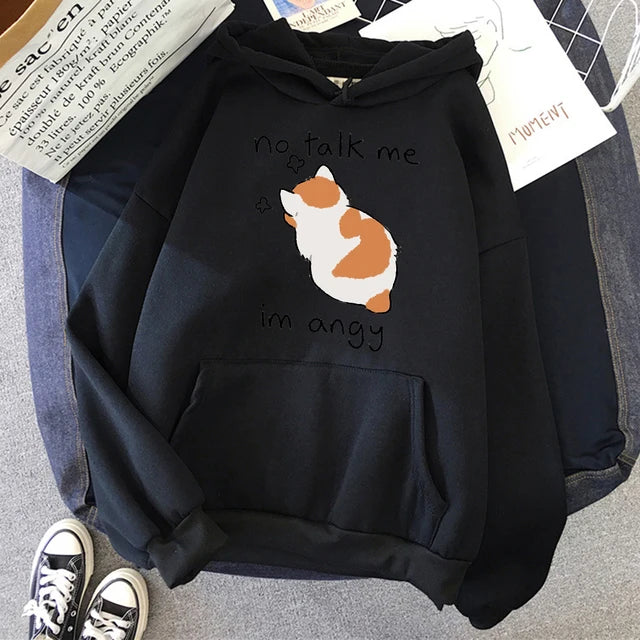No Talk Me Angry Cat Print Hoody Hip Hop Soft Sweatshirt Fleece Sweatshirt Oversize Fleece