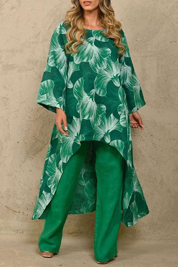 Exquisite Print Crew Neck Paneled Pant Suit