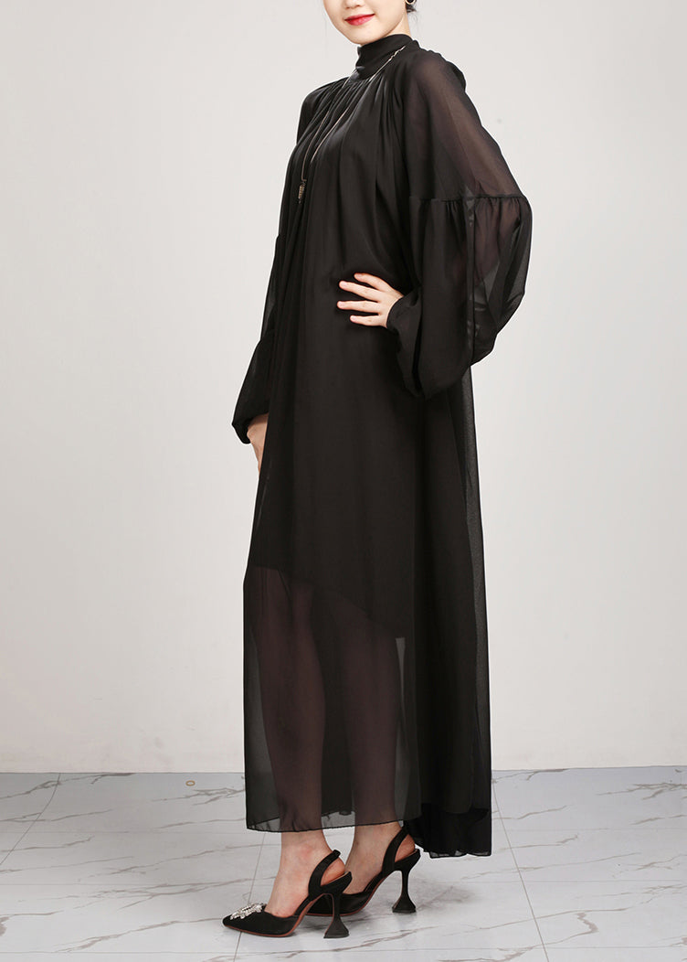 New Black Wrinkled Loose Chiffon Long Dress Fall Ao1060